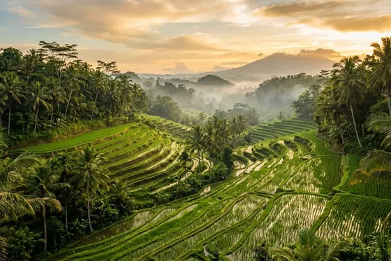Terraced green rice fields and palm trees in Ubud, Bali at golden hour