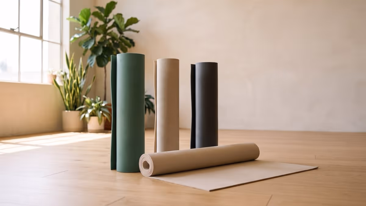 Four plain yoga mats in different colours and thicknesses, deep green, oatmeal and charcoal, standing rolled in a sunlit studio, with a fifth unrolled behind them