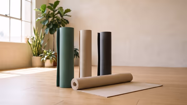 Four plain yoga mats in different colours and thicknesses — deep green, oatmeal and charcoal — standing rolled in a sunlit studio, with a fifth unrolled behind them