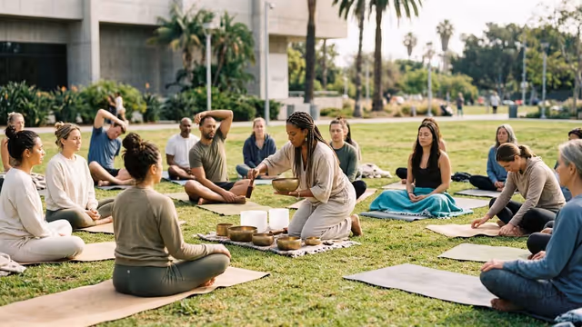 A small group of people sit on yoga mats on the lawn outside CAAM in Exposition Park during a free morning sound bath and yoga session, with a practitioner kneeling behind a set of singing bowls in the center as sunlight falls across the grass.