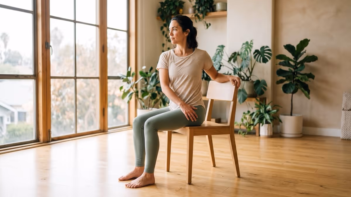 A woman in her forties practising a seated twist on a plain wooden dining chair in a sunlit studio, both feet flat on the floor, one hand on the chair back behind her and the other on her thigh, no mat, and a chair with no wheels or armrests