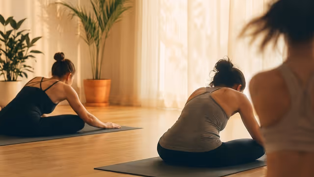 A group yoga class in session, mats laid out in rows