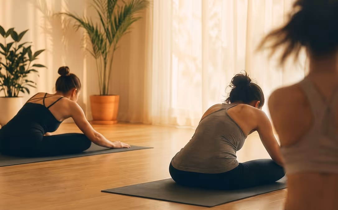 A group yoga class in session, mats laid out in rows