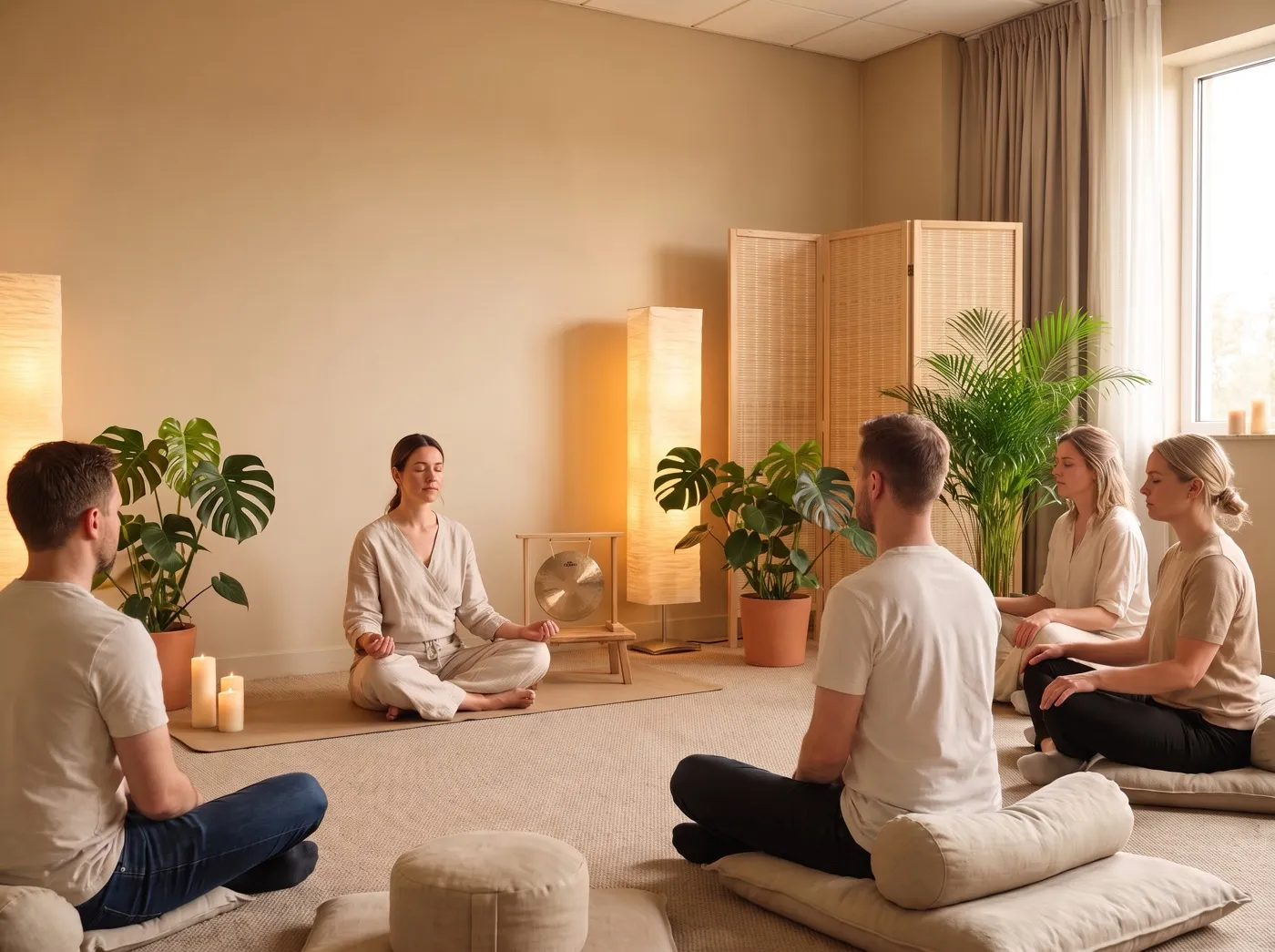 A calm conference reset room with floor cushions and plants where a practitioner guides four attendees through seated breathwork