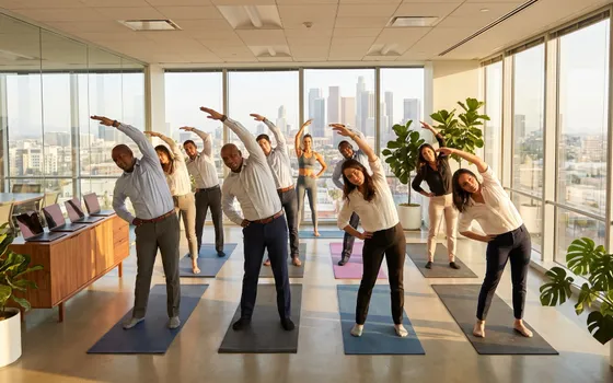 A team in business-casual clothes stretching on yoga mats in a bright Los Angeles office