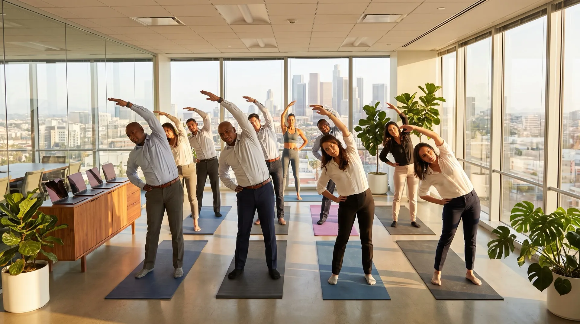 A team in business-casual clothes doing a standing side stretch on yoga mats in a glass-walled Los Angeles office