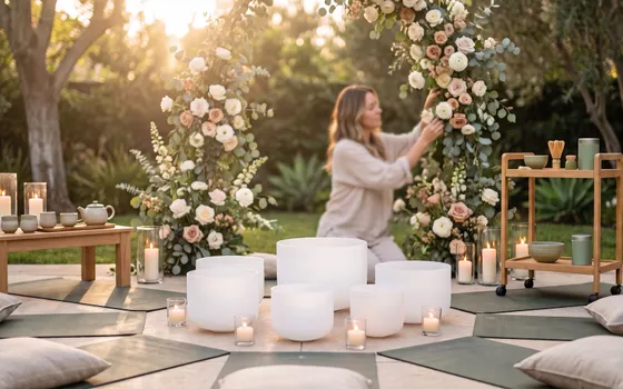 Yoga mats circled around crystal singing bowls in a garden styled with flowers and a matcha cart