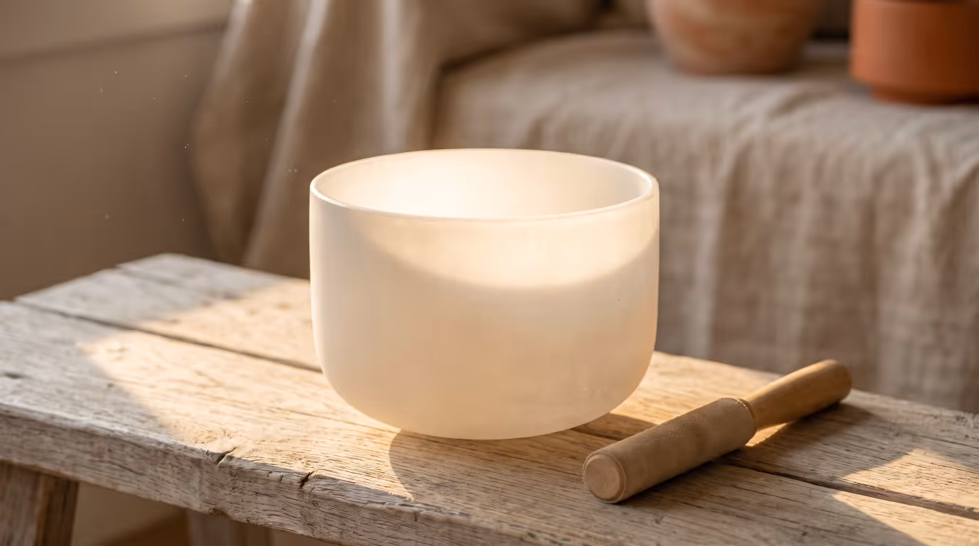 A frosted quartz crystal singing bowl and its suede mallet on a weathered oak bench