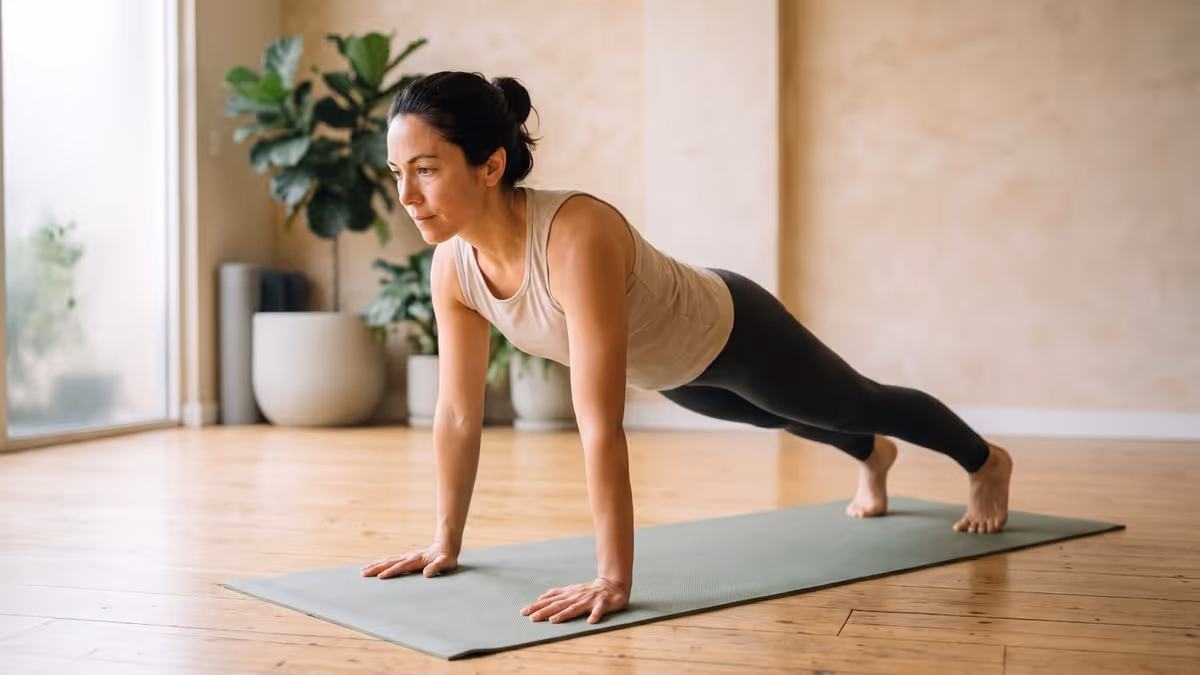 A woman holding a high plank on a sage-green mat in a sunlit studio, arms straight and body in one long line, looking ahead
