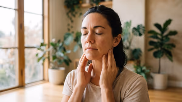 A close portrait of a woman with bare skin and no makeup, eyes closed and jaw released, resting her fingertips lightly along her jawline in ordinary daylight
