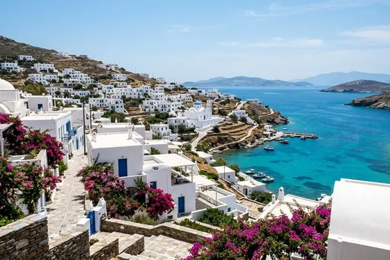 Whitewashed buildings and turquoise Aegean water on a quiet stretch of the Greek coast