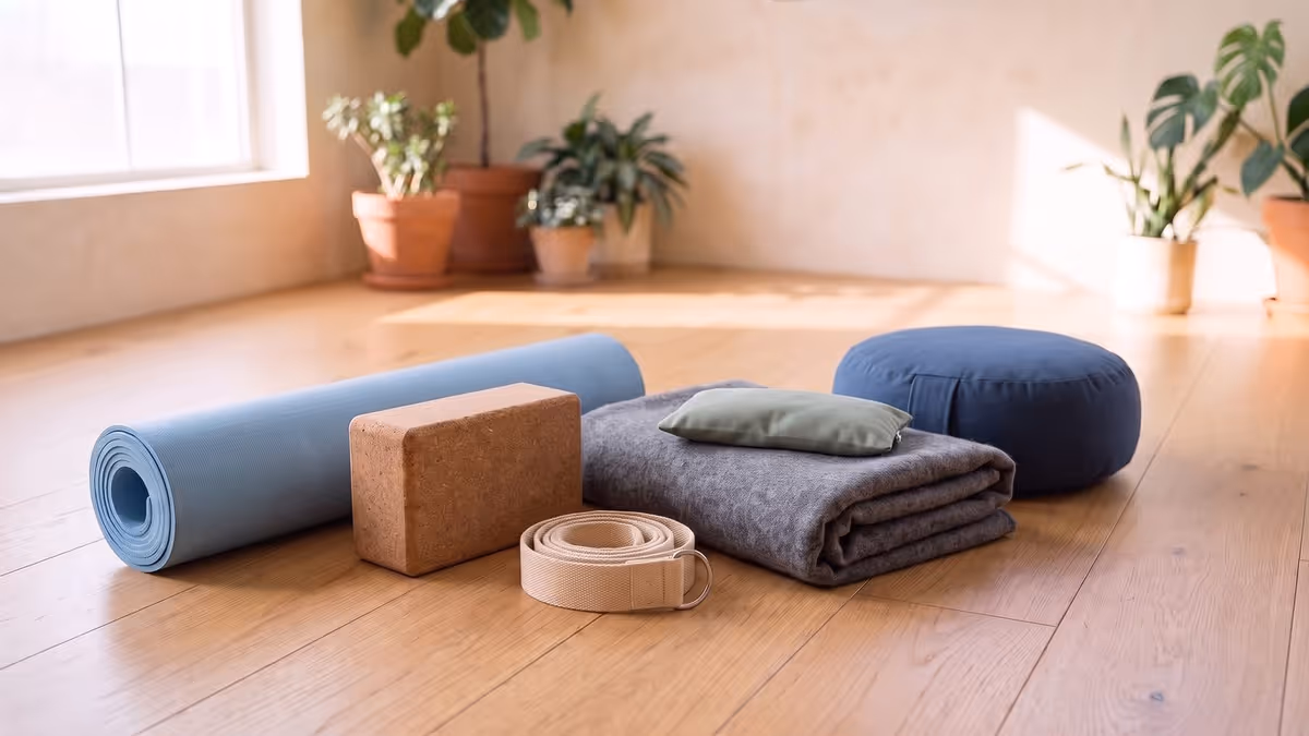 A rolled blue yoga mat, a cork block, a coiled cotton strap with a metal buckle, a folded grey wool blanket with a small green eye pillow on it, and a round navy meditation cushion on a light oak floor, an illustration of a home props kit, not a photograph of the Manduka products this guide links to