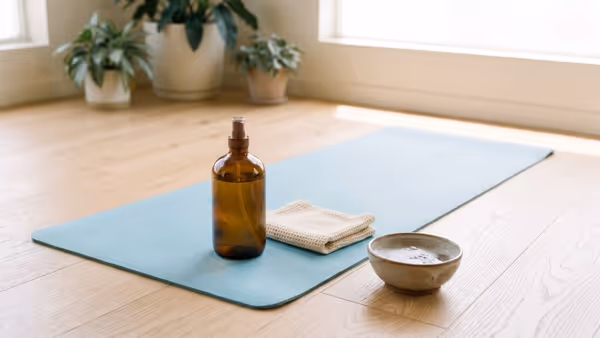 A plain teal yoga mat unrolled on a light oak floor with an amber glass spray bottle, a folded microfibre cloth and a small bowl of soapy water
