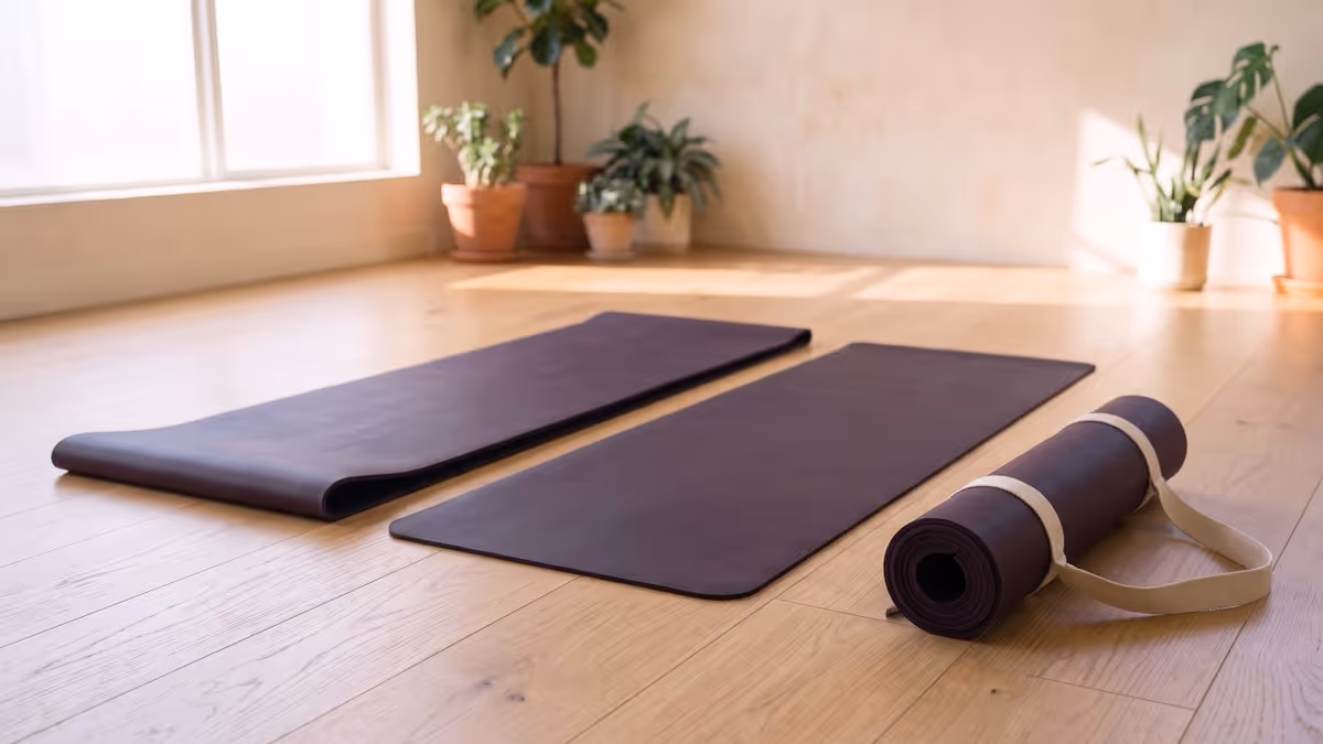 Two plain dark aubergine yoga mats unrolled side by side on a light oak floor in a sunlit studio, with a third rolled up in a cotton carrying strap, an illustration of the two mat types this guide compares, not a photograph of a Manduka mat