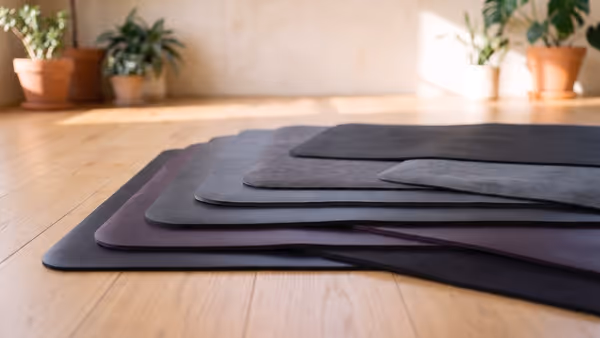 Five thin yoga mats fanned out on a light oak floor so their different materials and thicknesses can be compared — dense aubergine vinyl, a thinner sheet of the same, pebbled charcoal rubber, soft grey polyurethane and matte black — an illustration of the five mats this guide compares, not a photograph of them