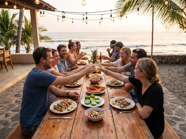 A communal dinner on a beachfront terrace