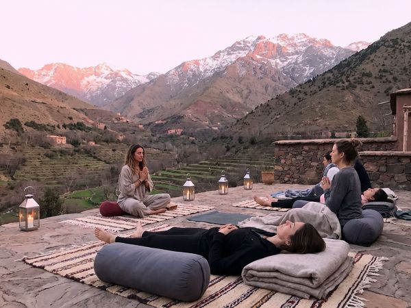 Evening restorative yoga on a terrace above the Imlil valley