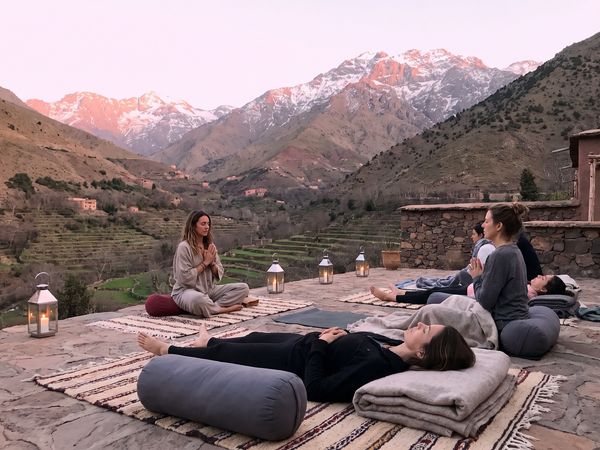 Evening restorative yoga on a terrace above the Imlil valley