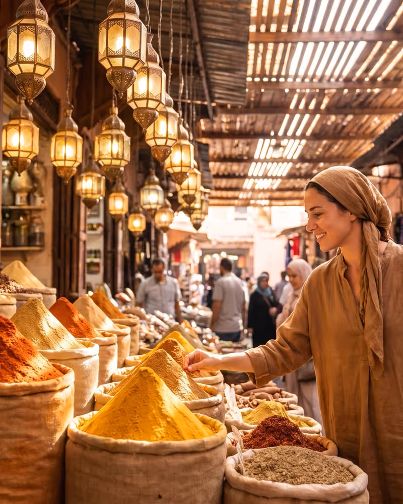 Spice pyramids and lanterns in a Marrakech souk