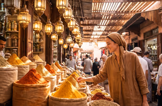 Spice pyramids and lanterns in a Marrakech souk