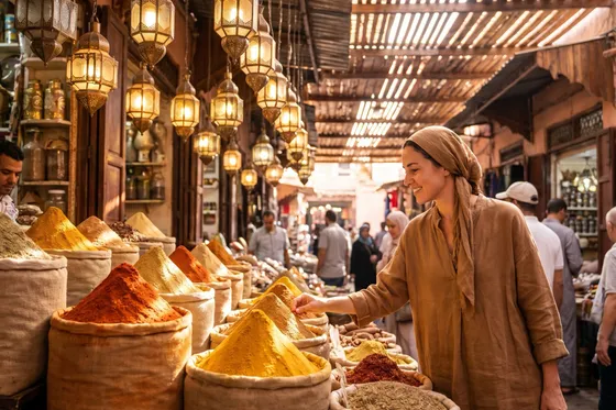 Spice pyramids and lanterns in a Marrakech souk