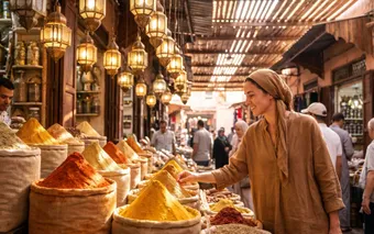 Spice pyramids and lanterns in a Marrakech souk