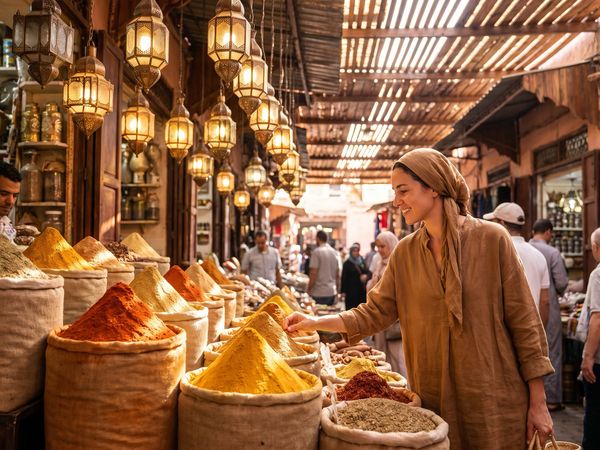 Spices and lanterns in a Marrakech souk