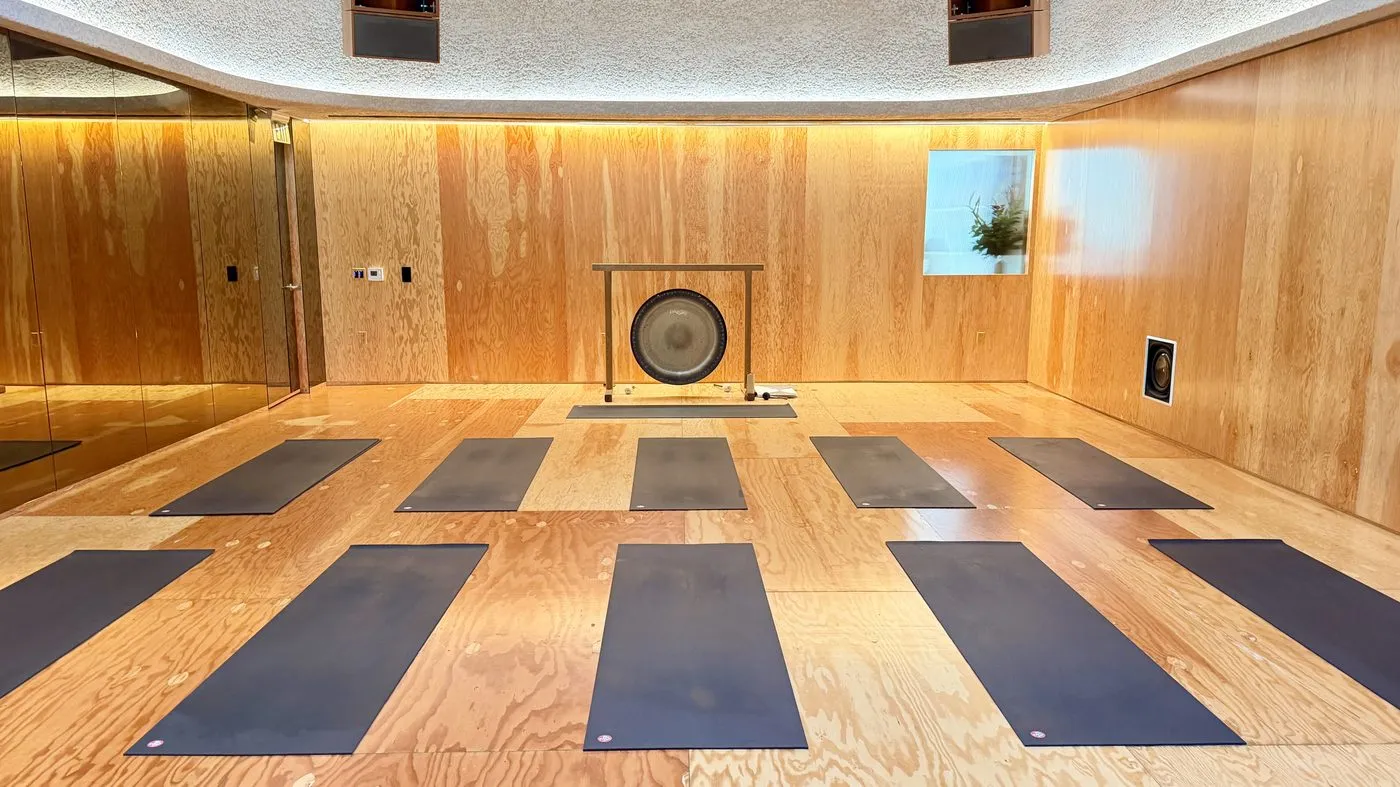Rows of dark mats on the plywood floor facing a gong on a stand at the front wall, the walls lined in plywood and lit by a warm strip under the ceiling