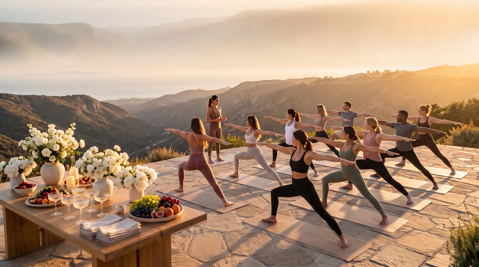 Friends in warrior pose at a private yoga party on a hillside terrace above the Pacific at sunset