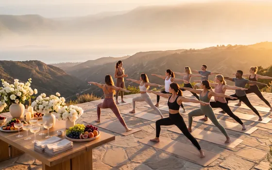 Friends holding warrior pose on a hillside terrace at sunset beside a table of flowers and mocktails