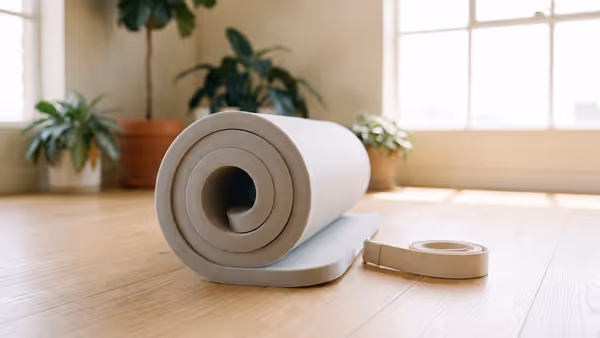A thick, plush, plain light-grey foam yoga mat rolled on a light oak floor with a cotton carry strap beside it — an illustration of the mat type, not a photograph of a Retrospec mat