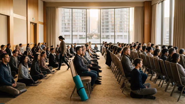 Rows of diverse attendees sit cross-legged on a carpeted ballroom floor in quiet group meditation during a weeklong convocation, warm natural light filtering through tall windows and a single turquoise mat resting against a chair leg.
