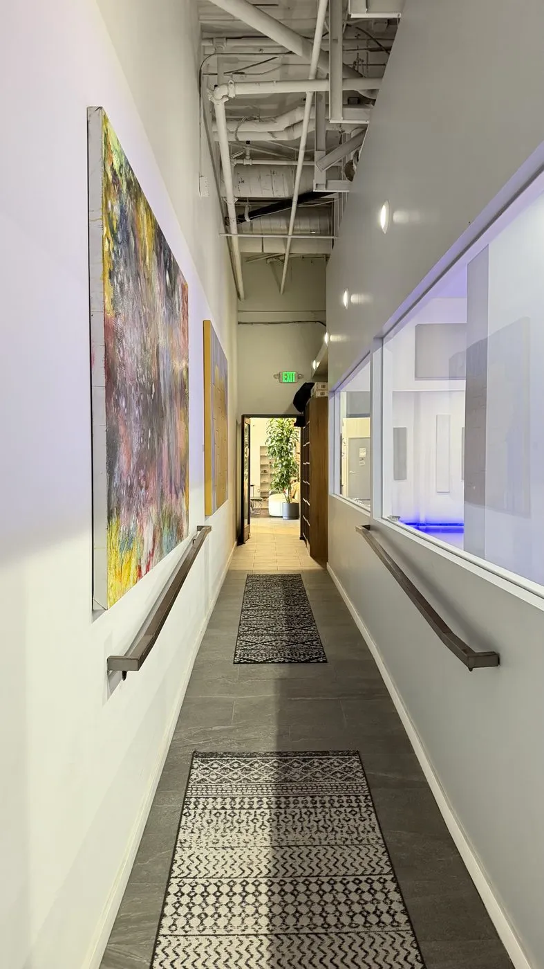A narrow white corridor with a copper handrail on each side, a large abstract painting on the left wall and patterned runners on the floor, leading to a doorway at the far end