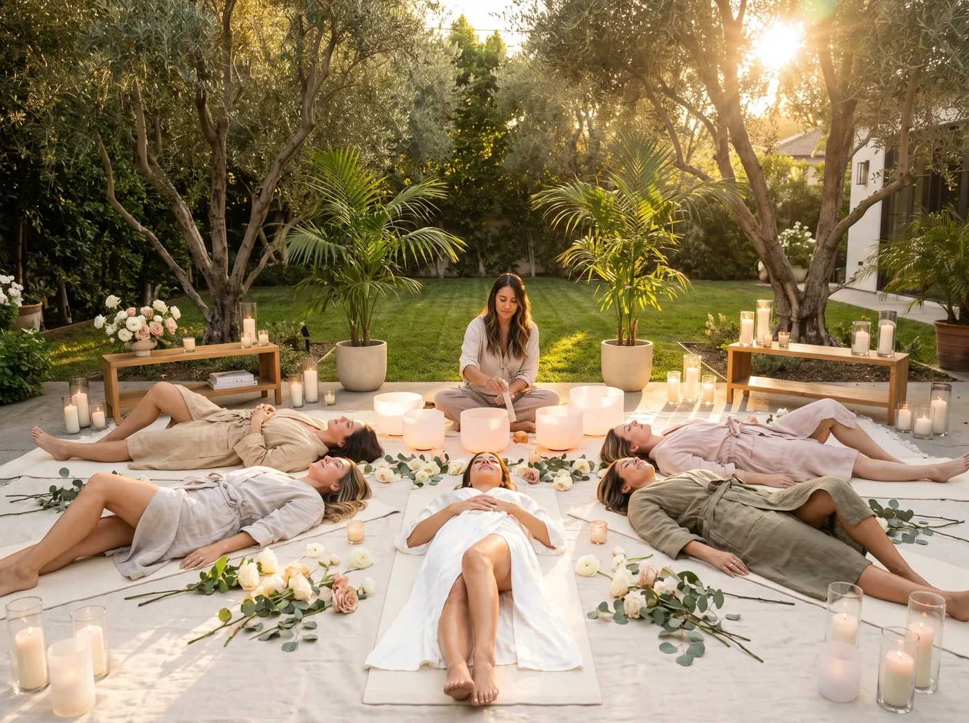 A bride-to-be in a white robe lying at the center of a circle of friends in a garden at golden hour while a sound healer plays crystal bowls