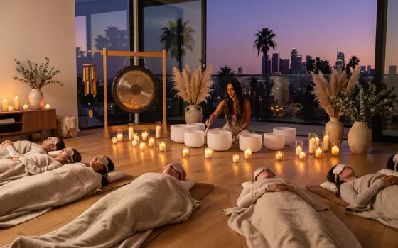Guests resting under blankets and eye pillows while a sound healer plays crystal bowls by candlelight