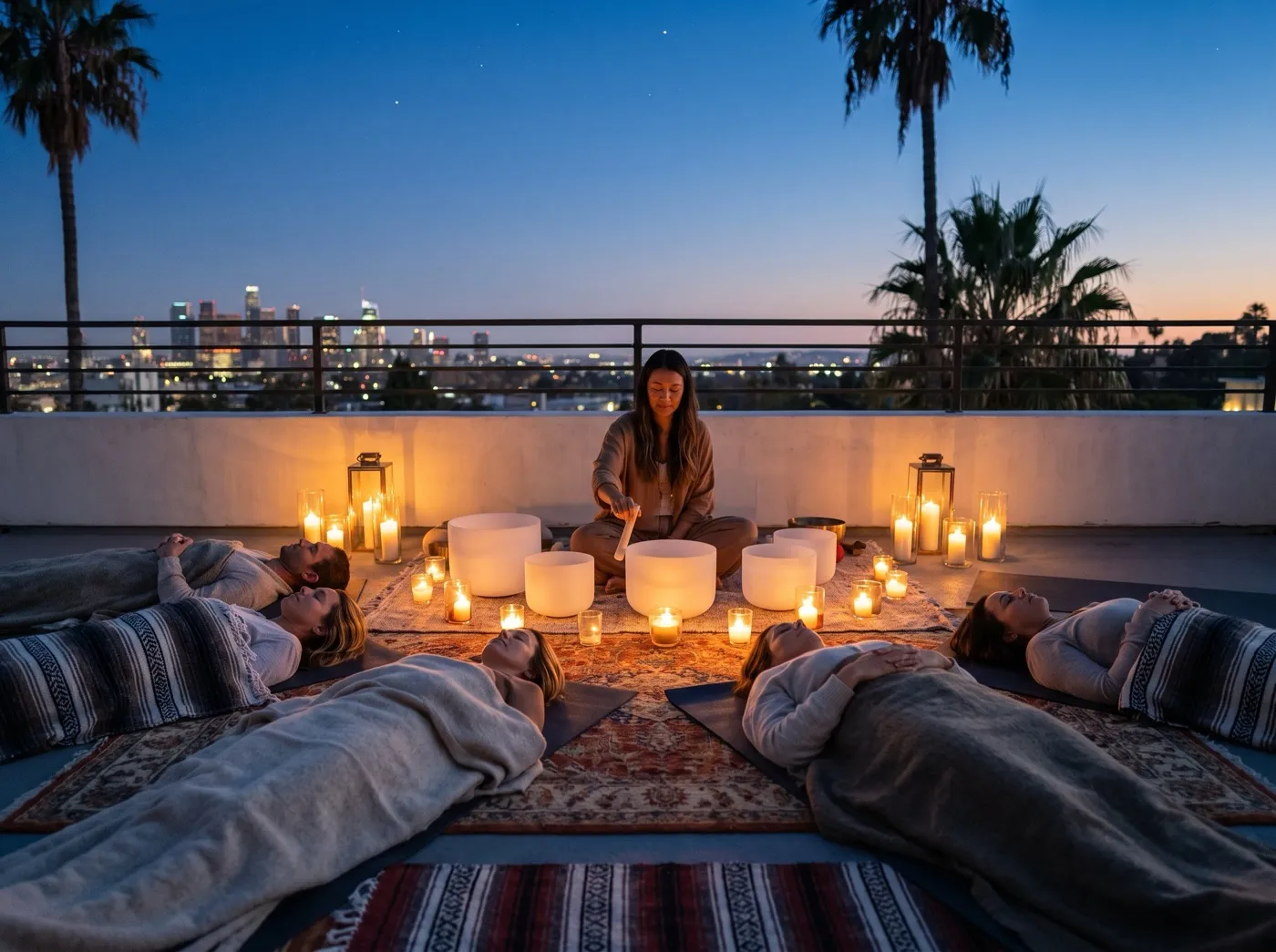 Guests wrapped in blankets on a Los Angeles rooftop at dusk while a sound healer plays crystal bowls surrounded by lanterns