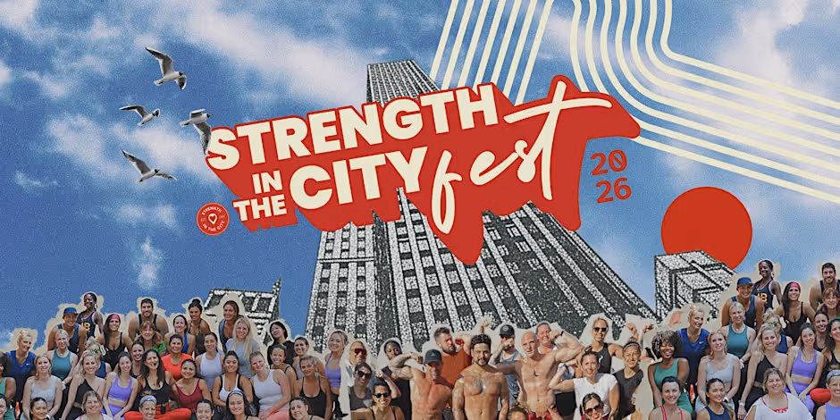 Promotional graphic for the event: the words STRENGTH IN THE CITY fest 2026 in red and cream lettering over a collage of a skyscraper against a blue sky with gulls, a red sun and cream stripes, and a crowd of people in workout clothes along the bottom