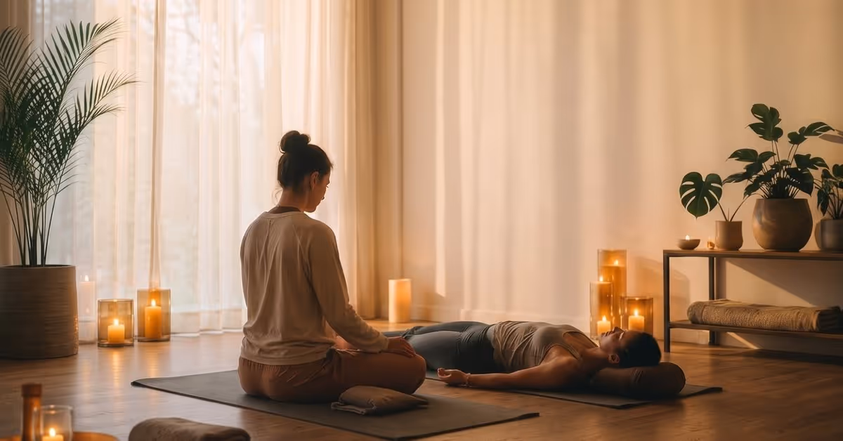 A yoga therapist sits beside a client lying on her back on a mat, her head on a bolster, in a candlelit studio with sheer curtains and potted plants