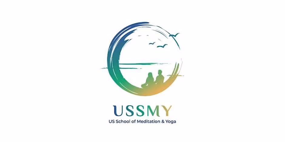 Logo of the US School of Meditation & Yoga: two figures sitting by the water inside a brush-stroke circle shading from blue to green to orange, with birds above and the letters USSMY beneath