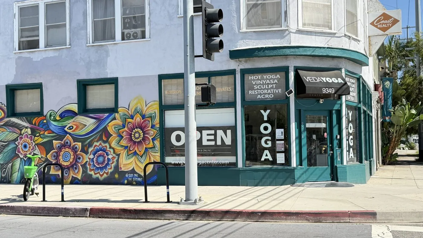 The studio seen from across the junction, a mural of large stylised flowers and a peacock feather covering the side wall beside the teal shopfront