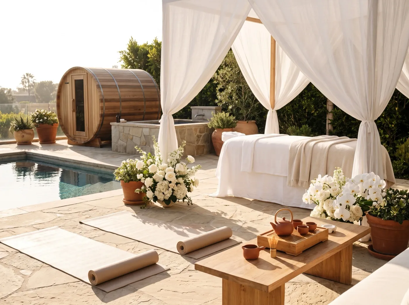 A luxury wellness day set up poolside at a Los Angeles villa: yoga mats, a massage table under a linen canopy, a tea table, a cedar barrel sauna and a cold plunge