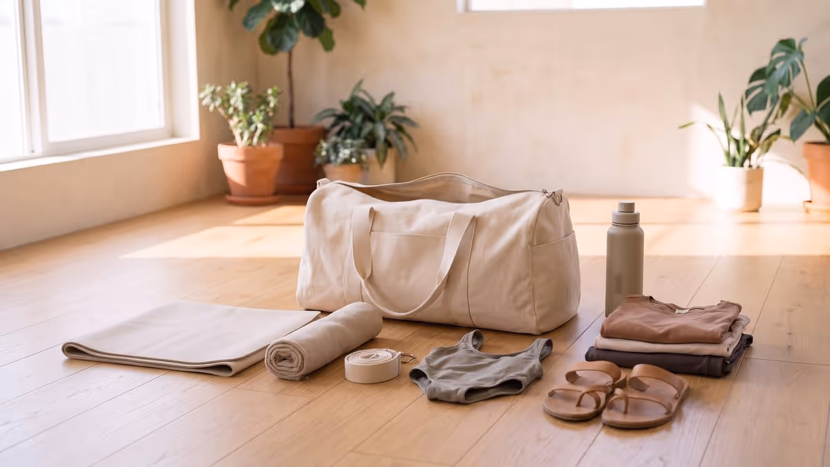 An open canvas duffel bag on a light oak floor with a thin travel mat folded flat, a rolled mat towel, a coiled cotton strap, a swimsuit, sandals, a water bottle and folded clothes laid out beside it, an illustration of a retreat packing list, not a photograph of the Manduka products this guide links to