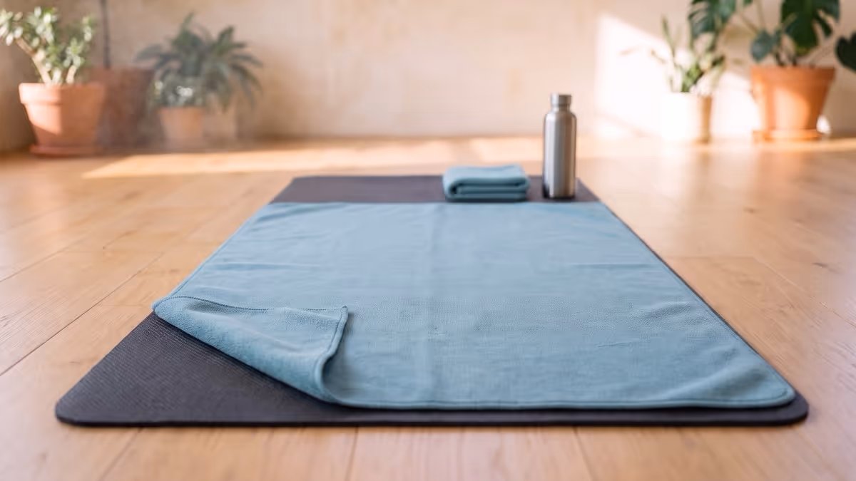 A plain charcoal yoga mat on a light oak floor with a full-length sea-blue microfibre towel laid over it, one corner turned back, a folded hand towel and a steel water bottle at the top, an illustration of a mat towel in use, not a photograph of a Manduka towel