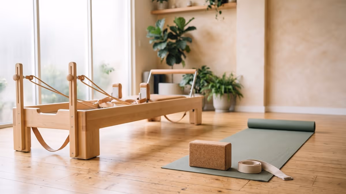 A wooden Pilates reformer on the left and a sage-green yoga mat with a cork block and a strap on the right, side by side in an empty sunlit studio